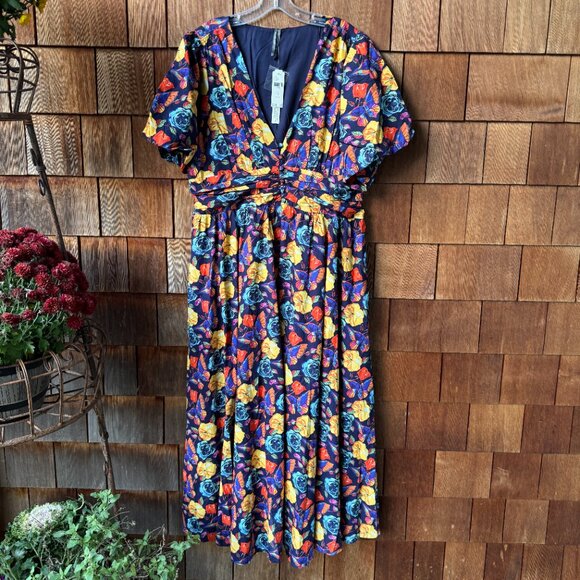 NWT Anthropologie Navy Floral Rose Print Katerina Button-Front Dress Women's 1X - Picture 2 of 15